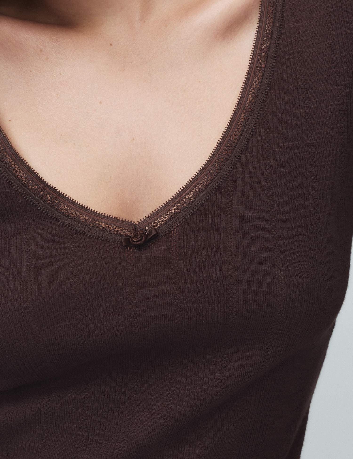 Marks & Spencer M&S Pure Cotton Pointelle Lace Trim Pyjama Top Dark Brown