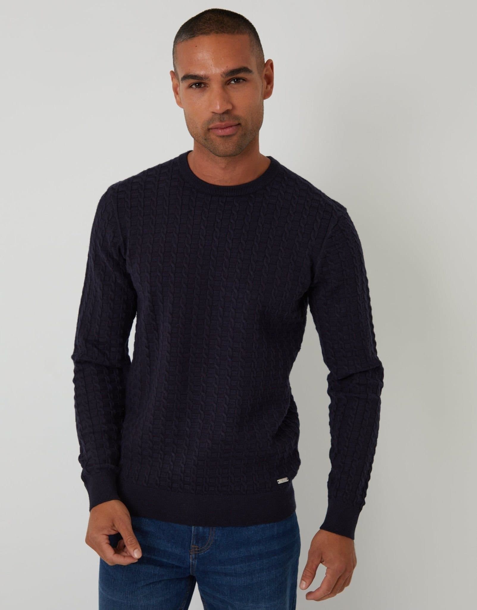 Threadbare threadbare Men's Cable Knit Crew Neck Jumper in Blue