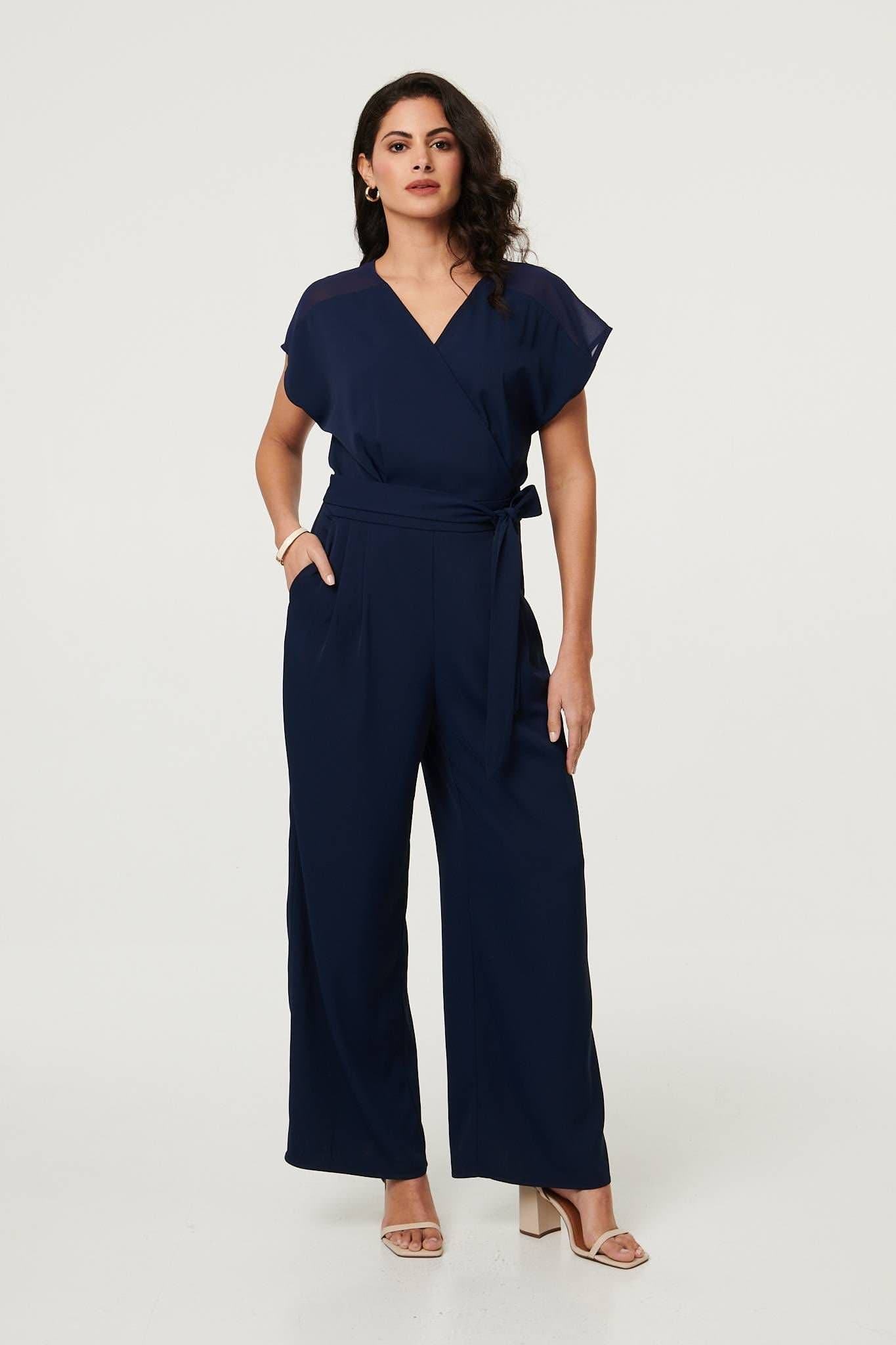 Izabel London Izabel London Women's Cap Sleeve Relaxed Tie Waist Jumpsuit in Navy