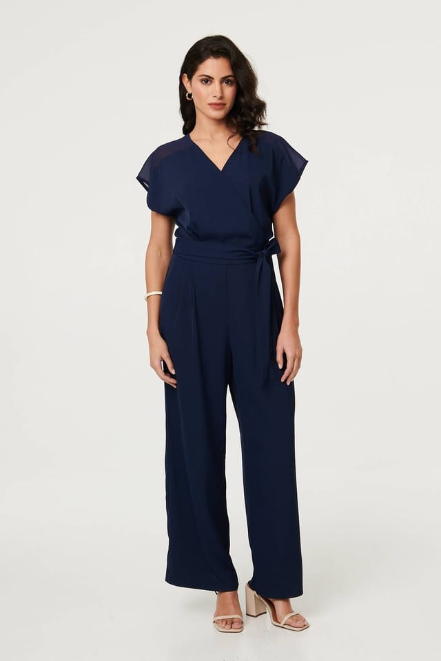 Izabel London Izabel London Women's Cap Sleeve Relaxed Tie Waist Jumpsuit in Navy - 2