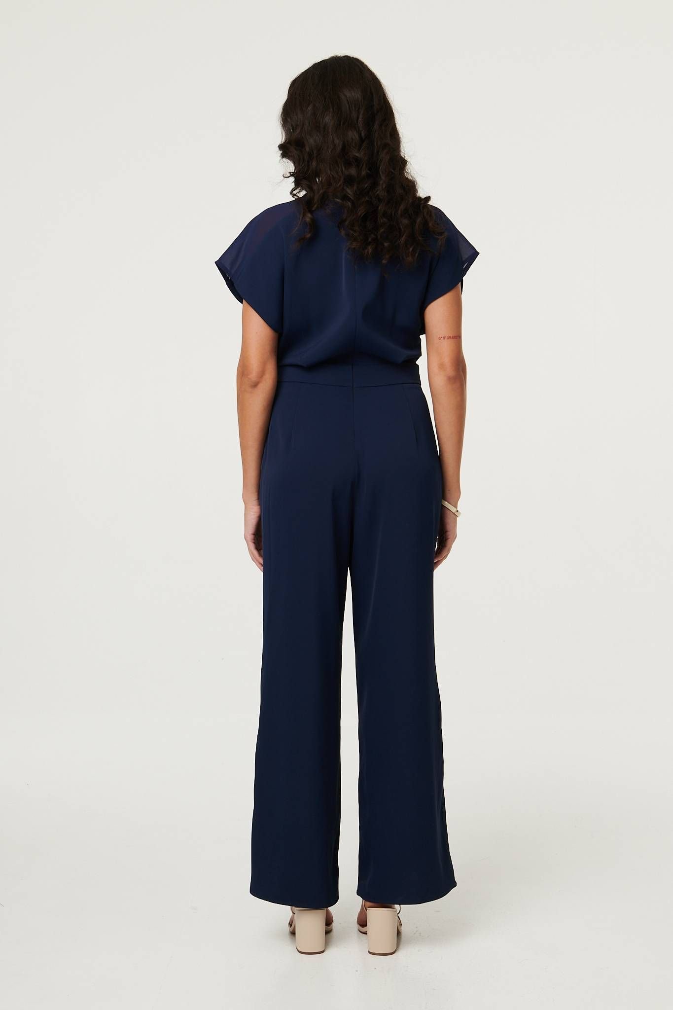 Izabel London Izabel London Women's Cap Sleeve Relaxed Tie Waist Jumpsuit in Navy - 3