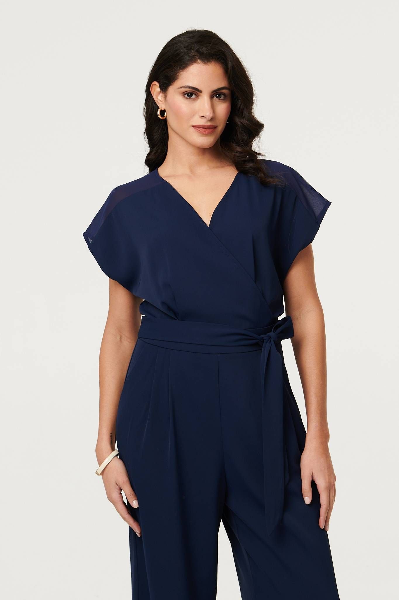 Izabel London Izabel London Women's Cap Sleeve Relaxed Tie Waist Jumpsuit in Navy - 4