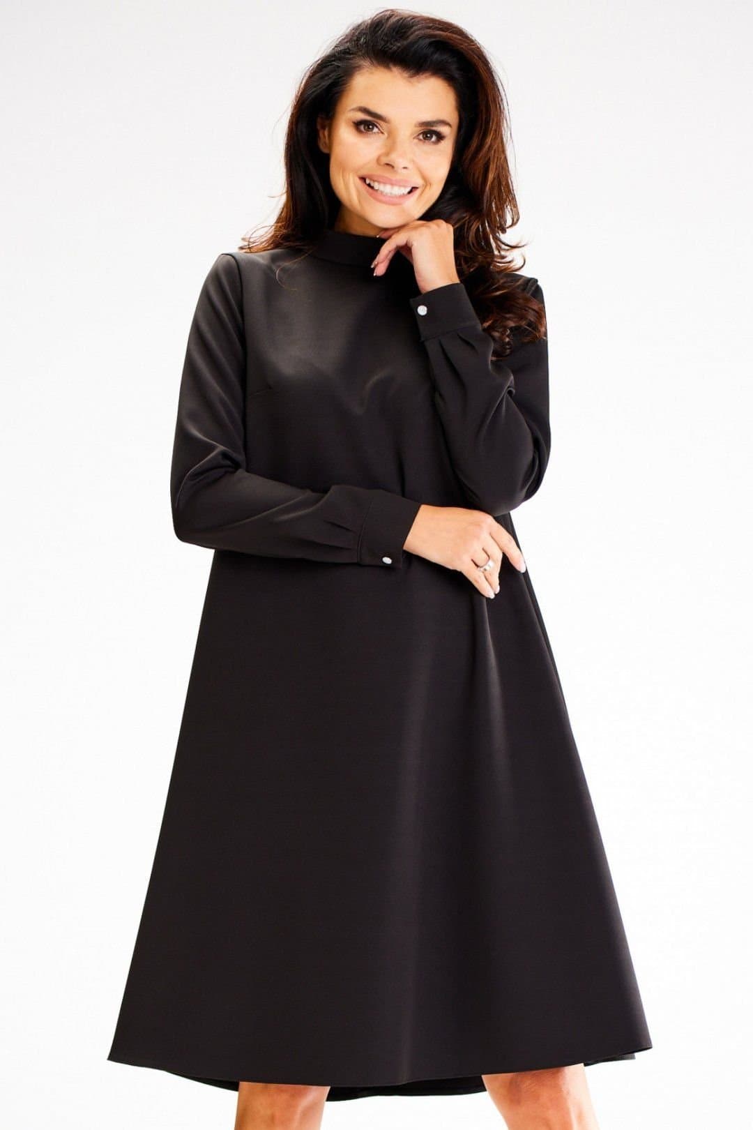 Love Lace Love Lace Women's Loose Trapeze Half Turtleneck Button Back Dress in Black