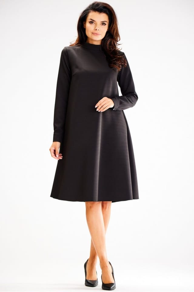 Love Lace Love Lace Women's Loose Trapeze Half Turtleneck Button Back Dress in Black - 2