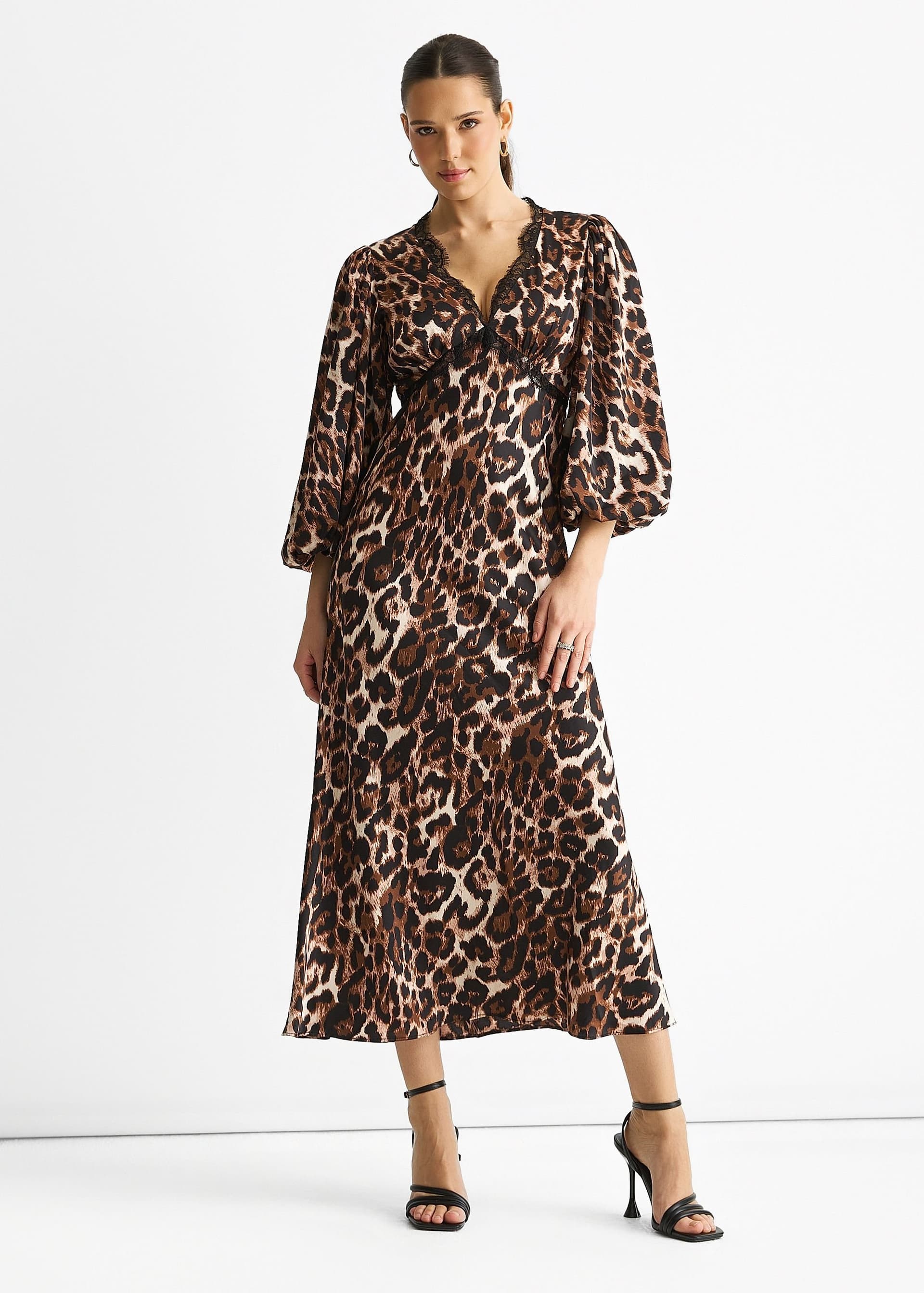 Gini London Gini London Women's Brown Animal Lace Trim Satin Bias Midi Dress