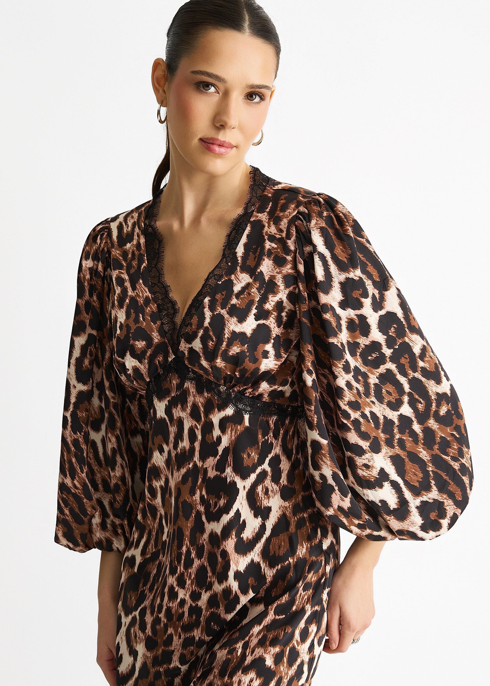 Gini London Gini London Women's Brown Animal Lace Trim Satin Bias Midi Dress - 2