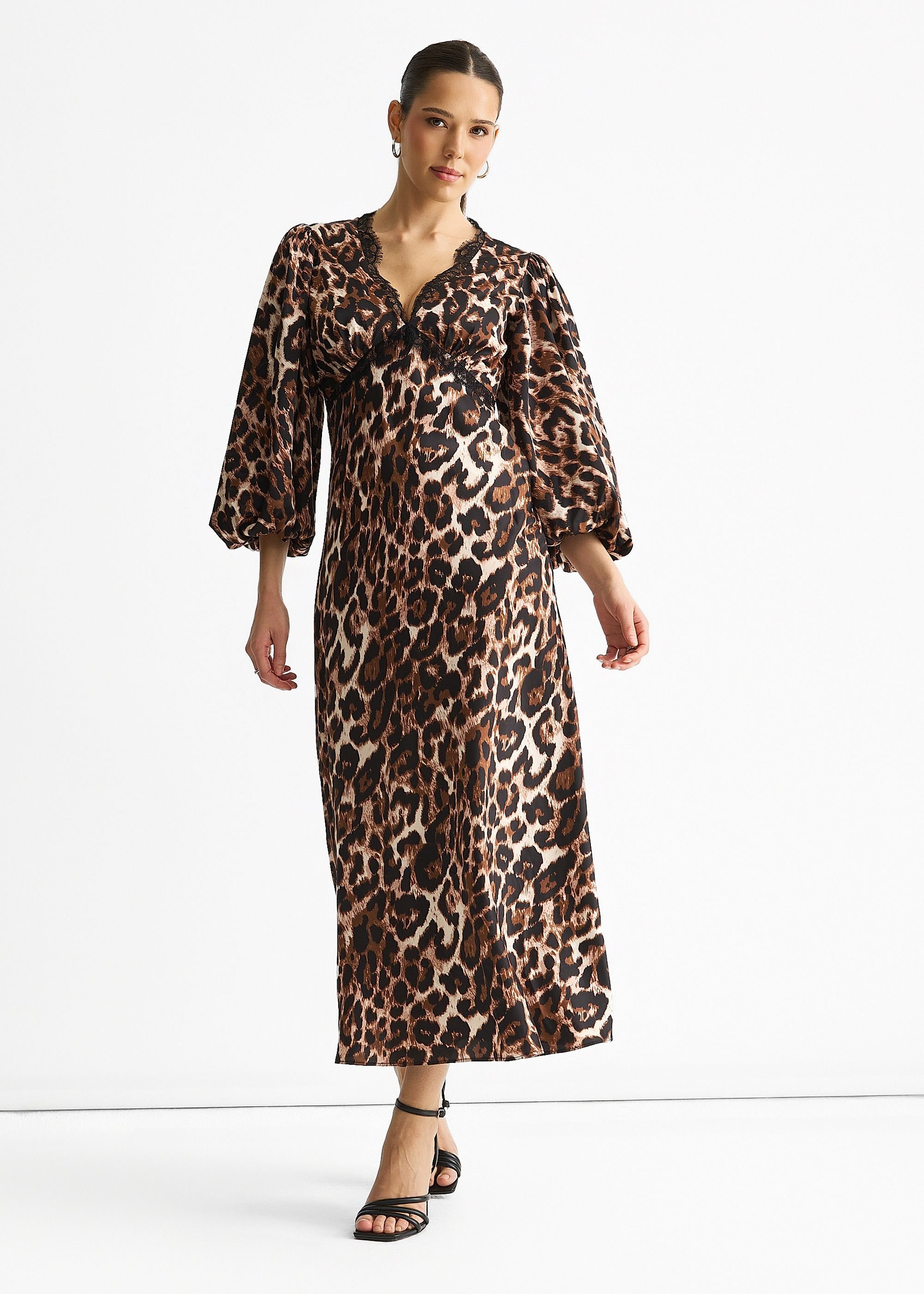 Gini London Gini London Women's Brown Animal Lace Trim Satin Bias Midi Dress - 3