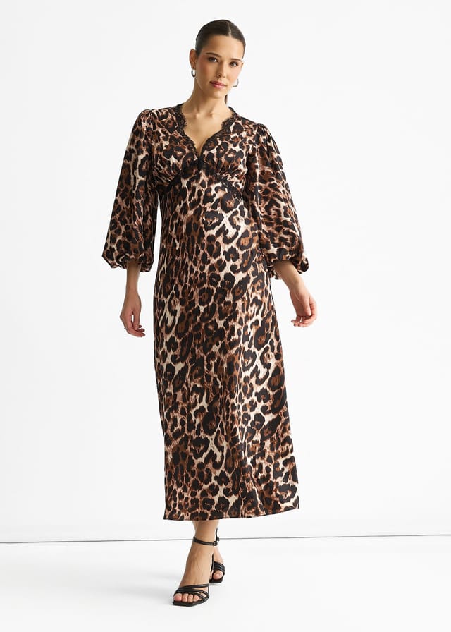 Gini London Gini London Women's Brown Animal Lace Trim Satin Bias Midi Dress - 3