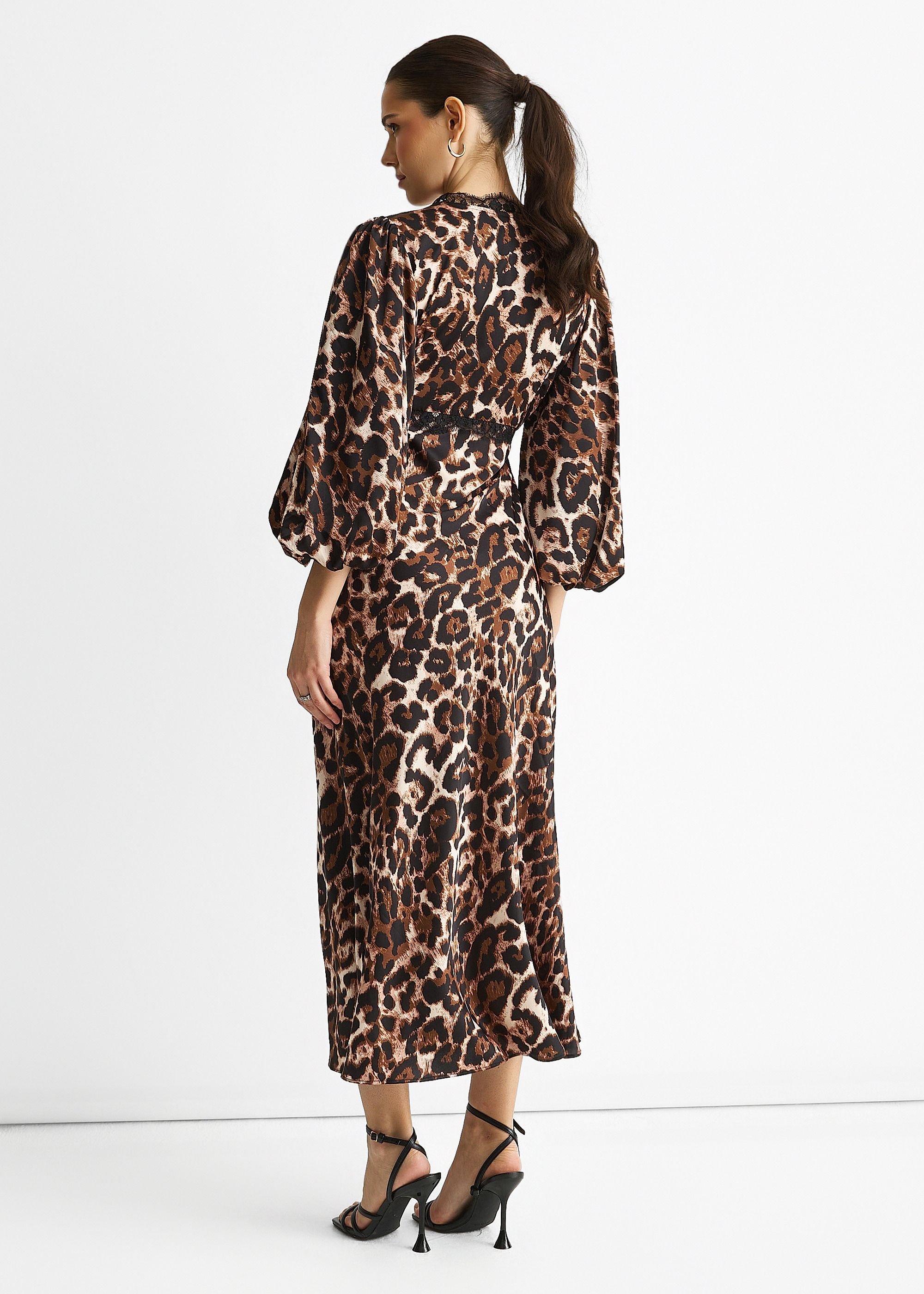 Gini London Gini London Women's Brown Animal Lace Trim Satin Bias Midi Dress - 4
