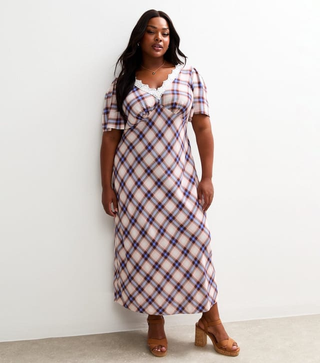 New Look Women's Cream Check Patterned Lace Trim Midi Dress New Look - 3