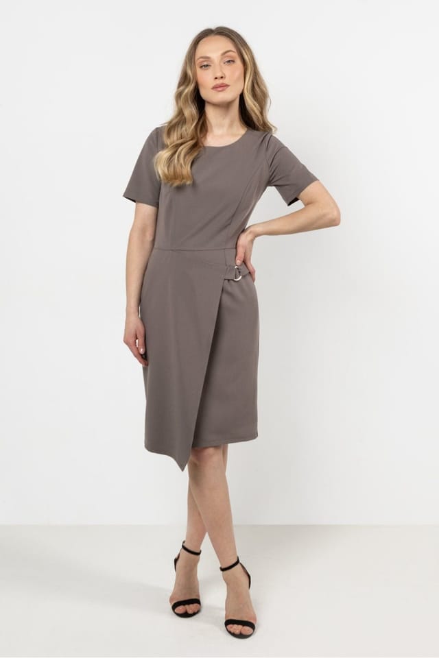Love Lace Love Lace Women's Asymmetric Hem Fitted Day Dress with Slit in Taupe - 2