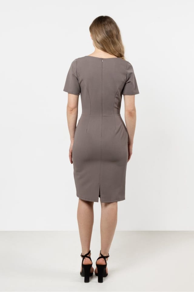 Love Lace Love Lace Women's Asymmetric Hem Fitted Day Dress with Slit in Taupe - 3