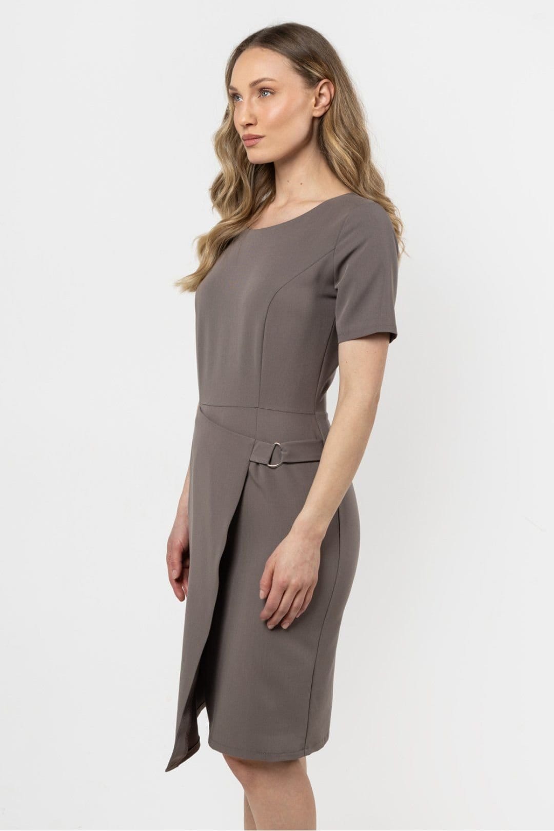 Love Lace Love Lace Women's Asymmetric Hem Fitted Day Dress with Slit in Taupe - 4