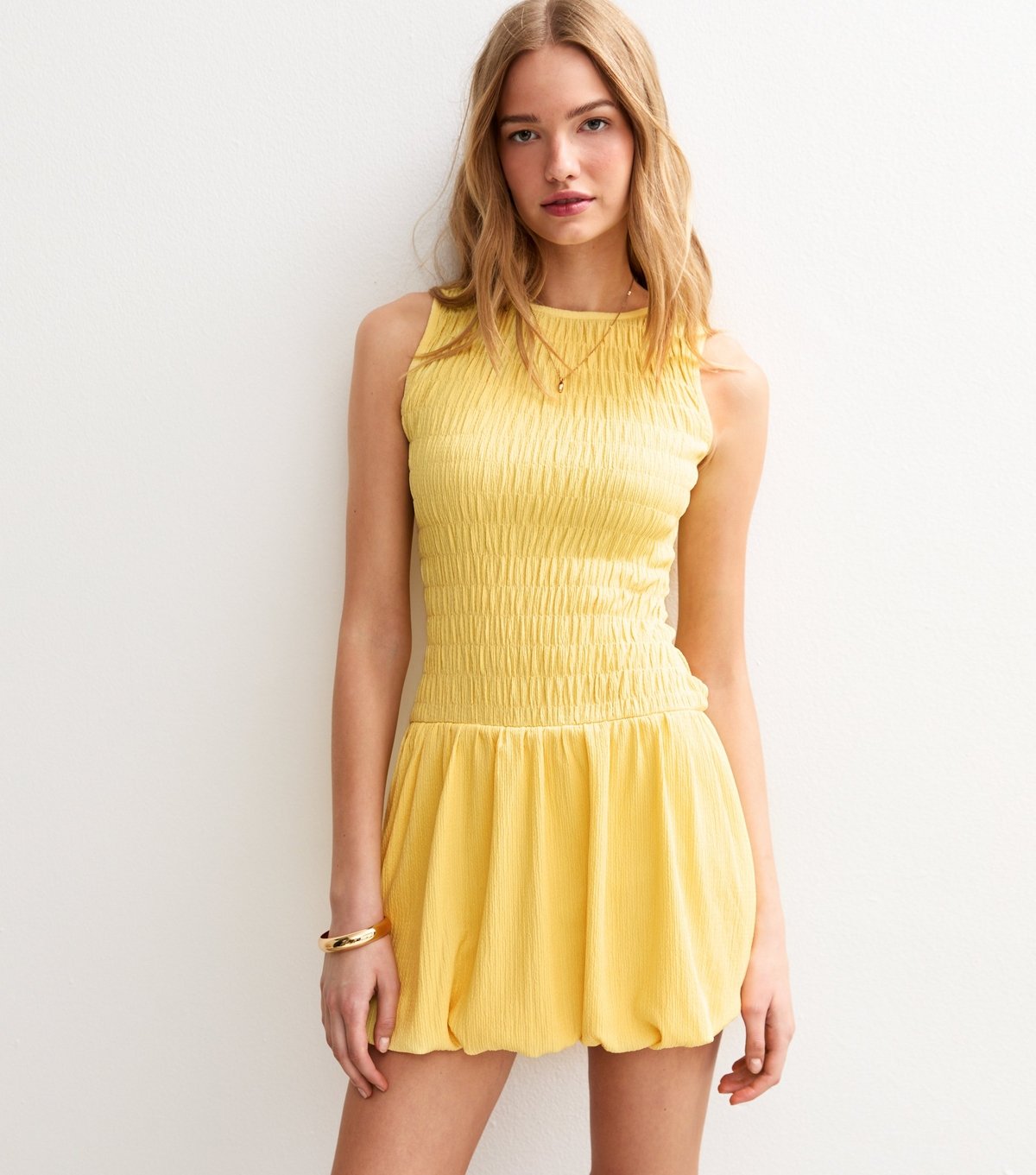 New Look Women's Yellow Shirred Bodice Puffball Hem Mini Dress New Look - 1