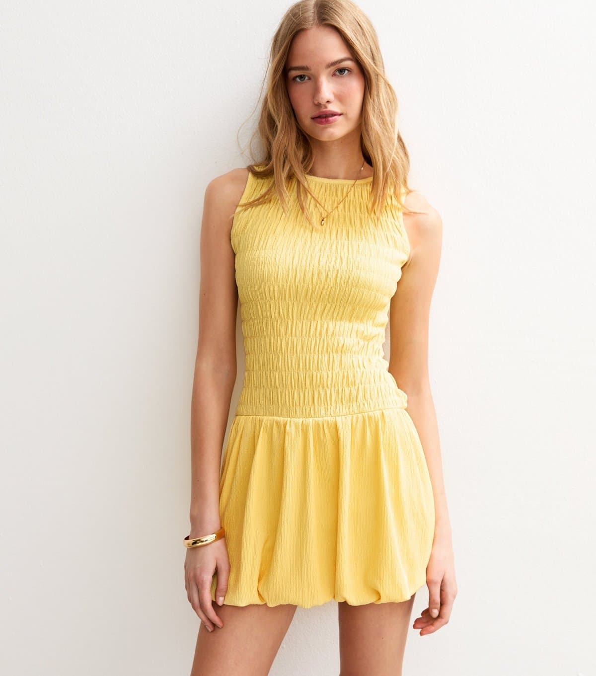 New Look Women's Yellow Shirred Bodice Puffball Hem Mini Dress New Look