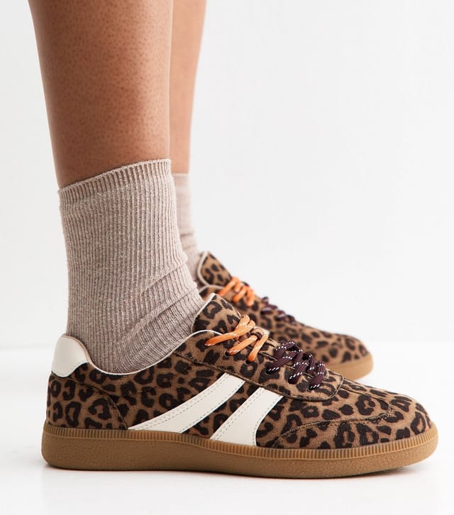 New Look Women's Stone Faux Suede Double Lace Leopard Print Gum Sole Trainers Vegan New Look - 2