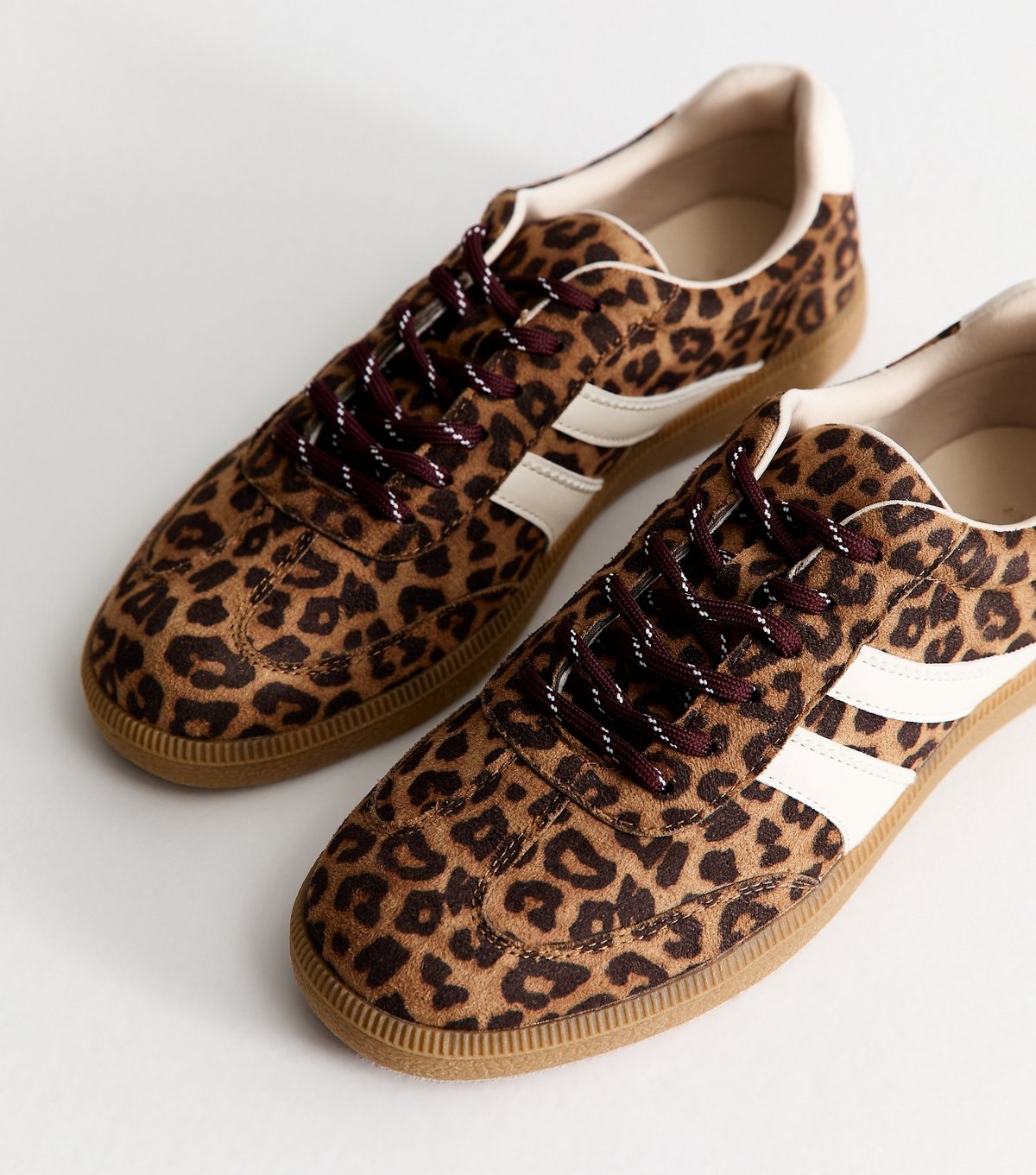 New Look Women's Stone Faux Suede Double Lace Leopard Print Gum Sole Trainers Vegan New Look - 3