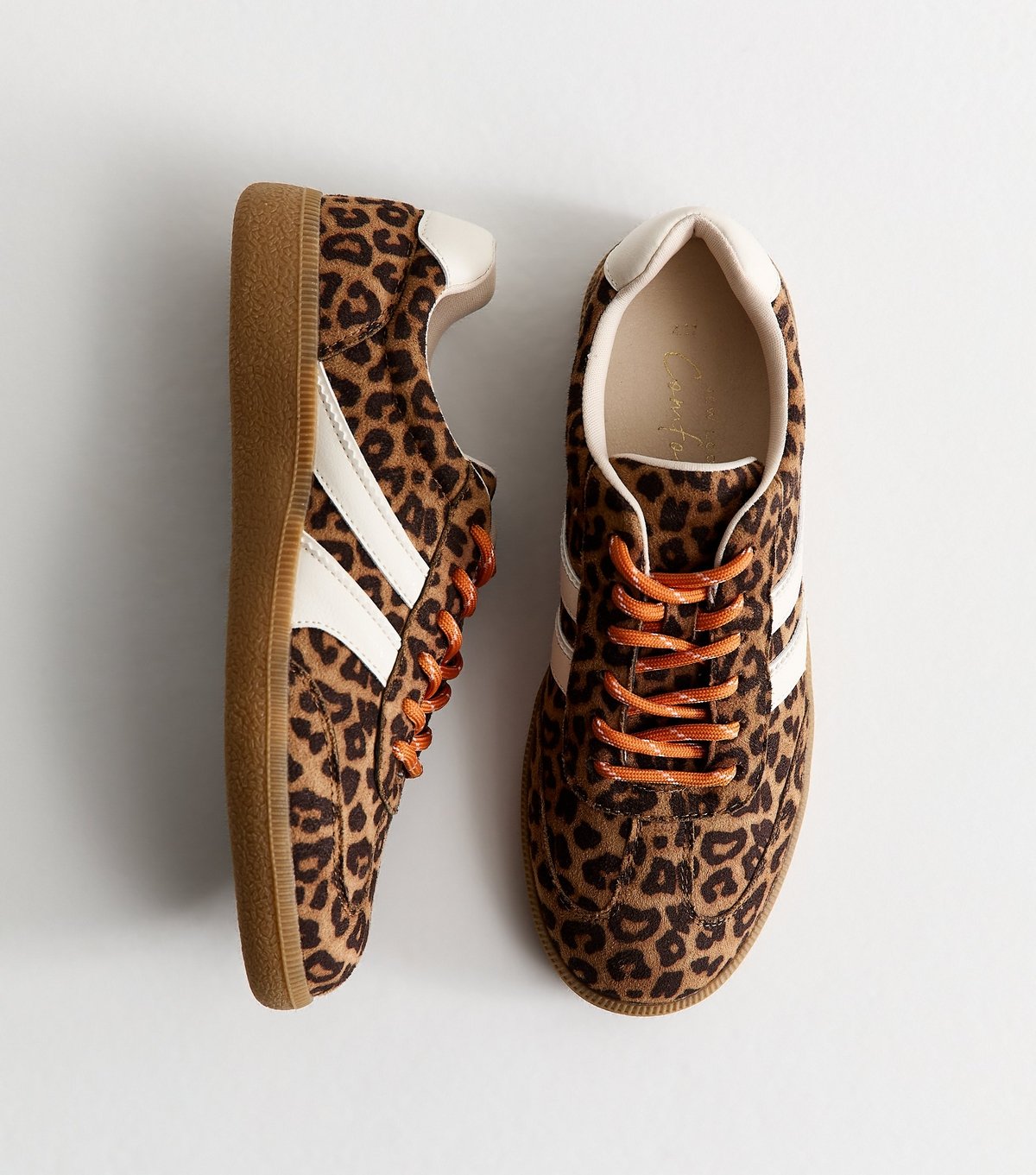 New Look Women's Stone Faux Suede Double Lace Leopard Print Gum Sole Trainers Vegan New Look - 4