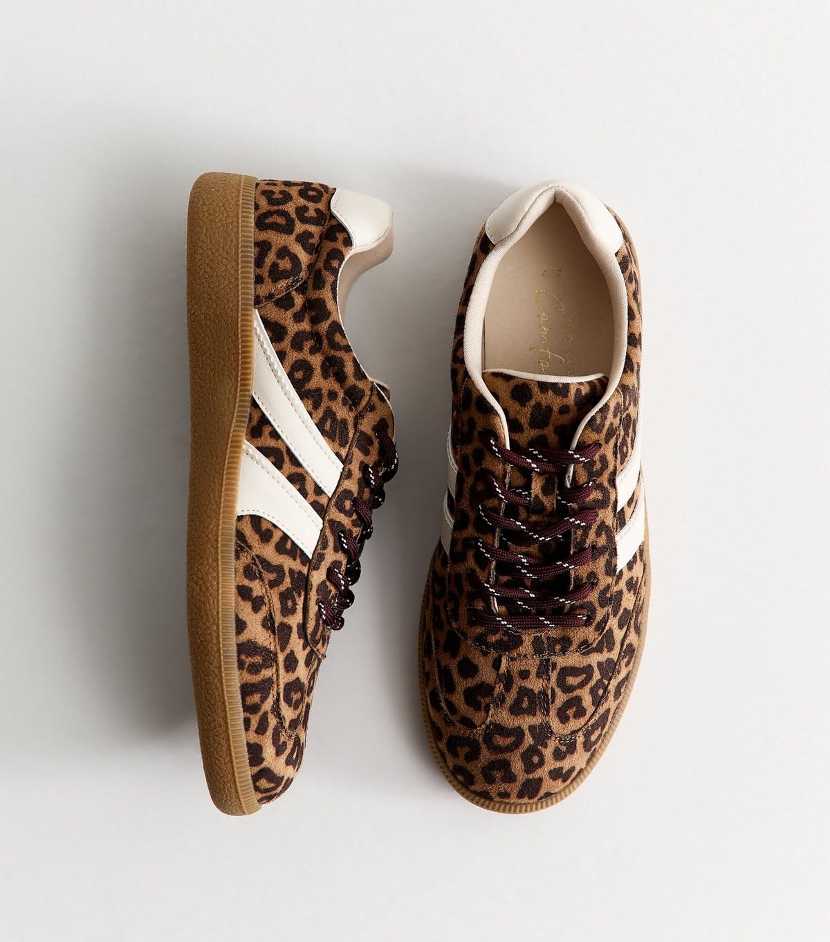New Look Women's Stone Faux Suede Double Lace Leopard Print Gum Sole Trainers Vegan New Look - 4