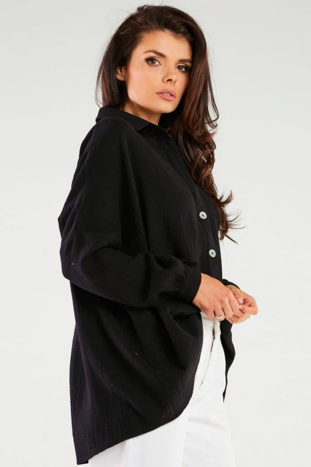 Love Lace Love Lace Women's Infinite Oversized Button Neck Long Sleeve Shirt in Black - 2