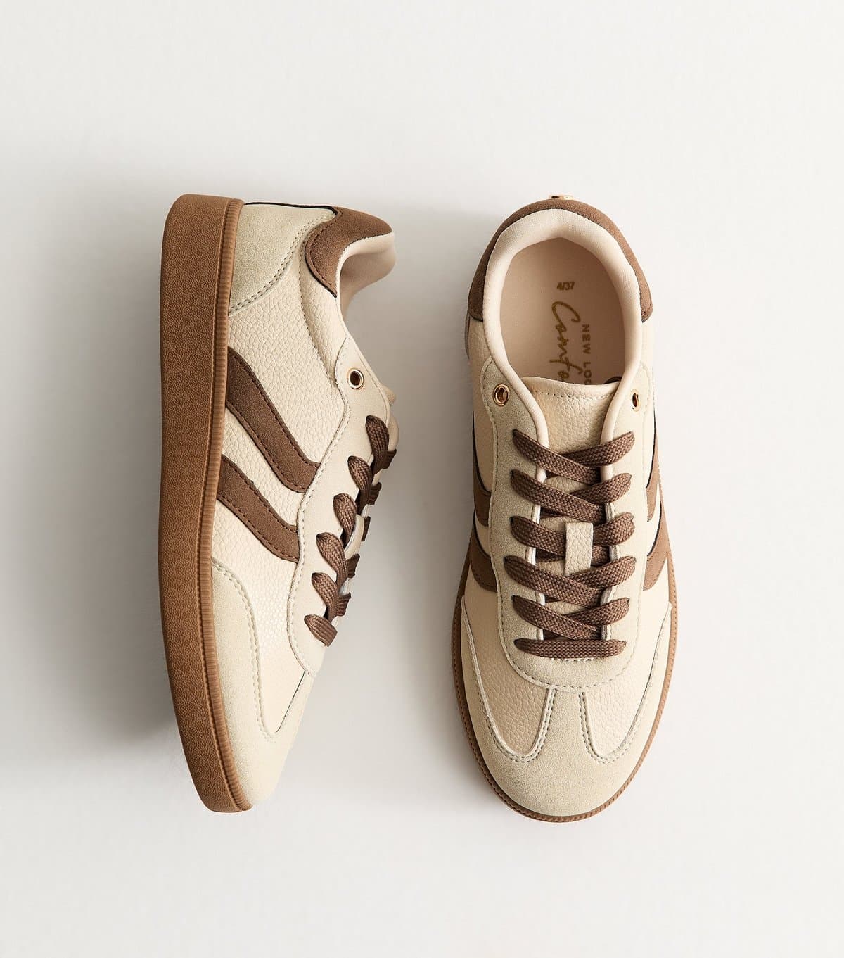 New Look Women's Light Brown Pebbled Faux Leather Contrast Stripe Panelled Trainers Vegan New Look