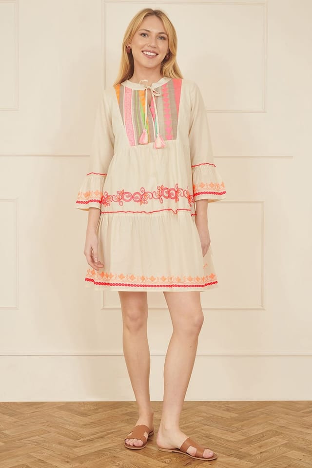 Yumi Yumi Women's White Embroidered Cotton Tunic in Beige - 2