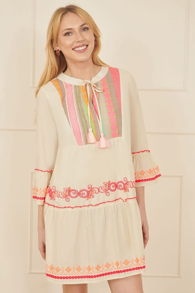 Yumi Yumi Women's White Embroidered Cotton Tunic in Beige - 3