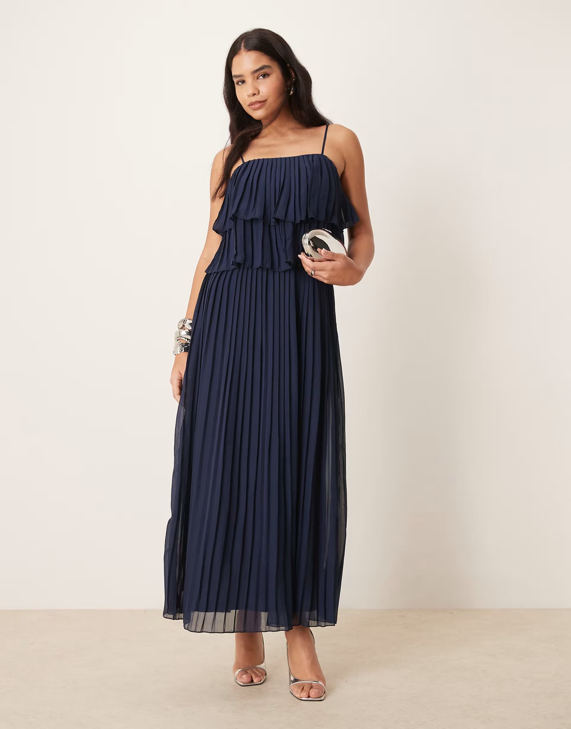 ASOS Vila pleated ruffle layer cami maxi dress in navy