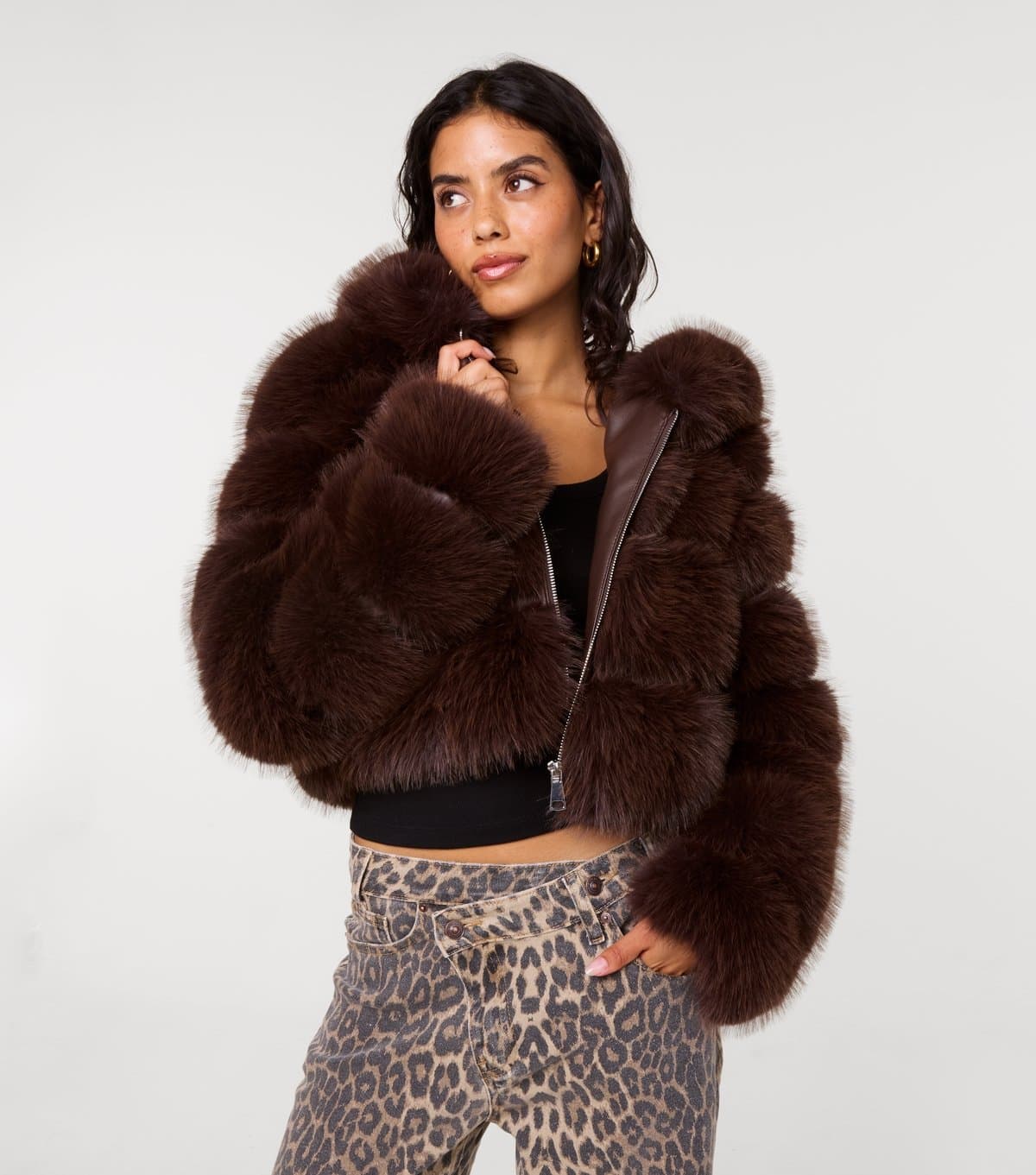 Pink Vanilla Women's Dark Brown Faux Fur Pelted Hooded Jacket Pink Vanilla New Look