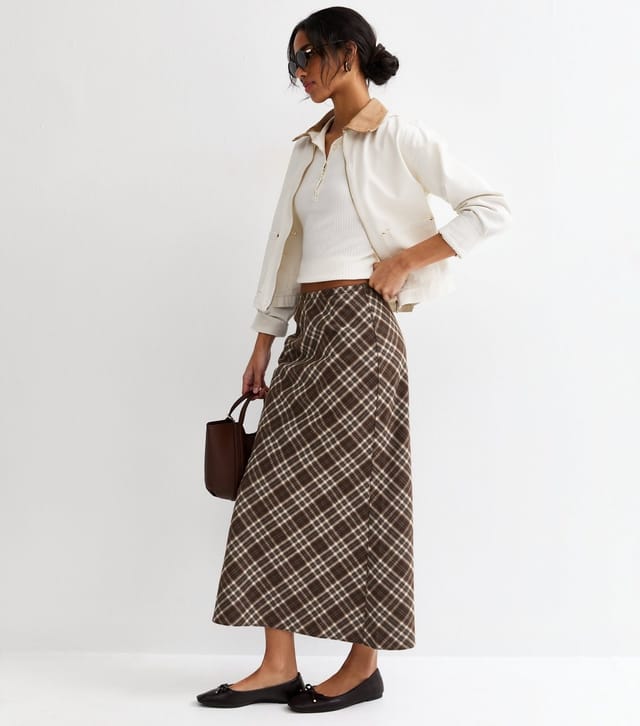 New Look Women's Brown Check Bias Cut Midi Skirt New Look - 3