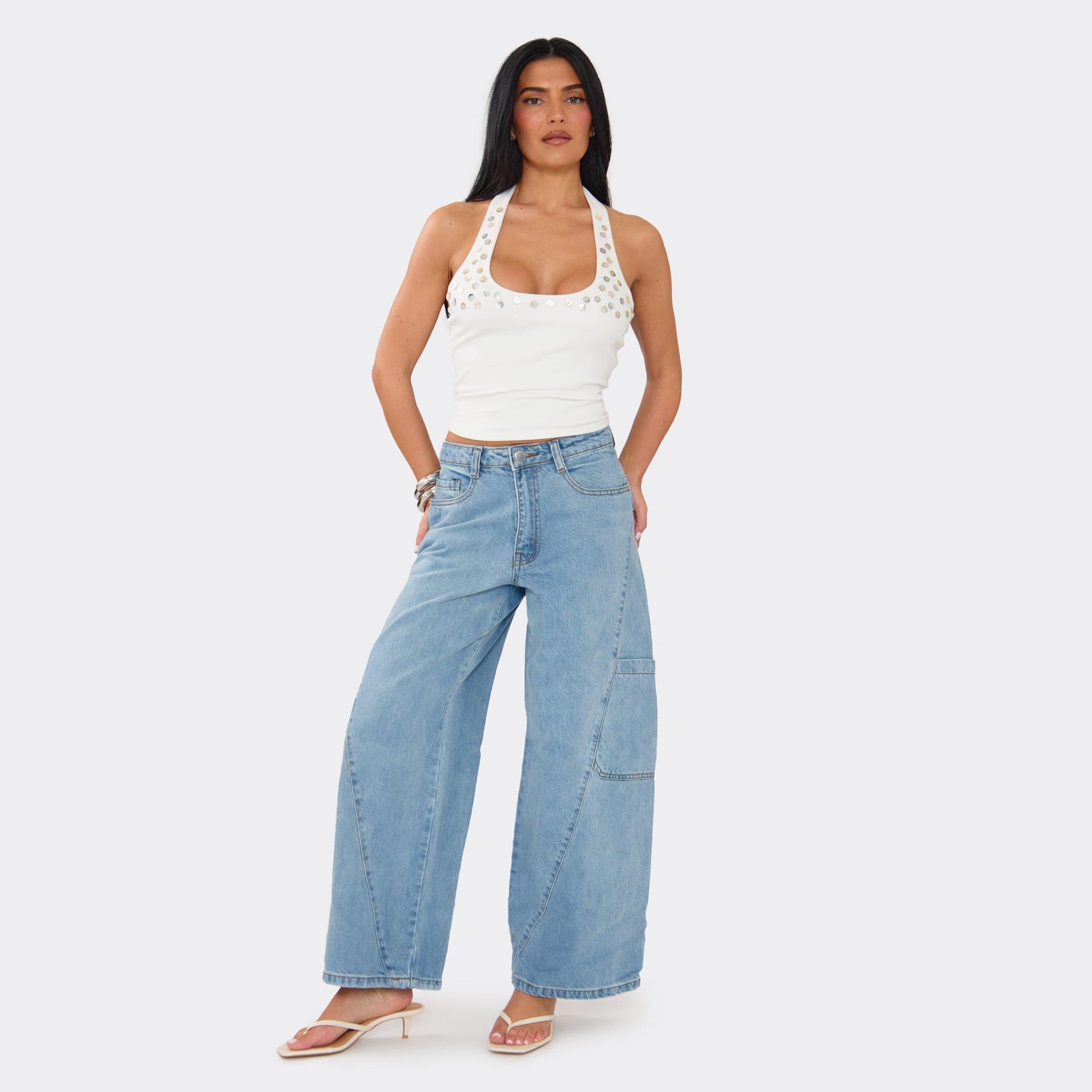 EGO Mid Rise Seam Pocket Detail Wide Leg Jeans In Blue Denim, Women's Size UK 6