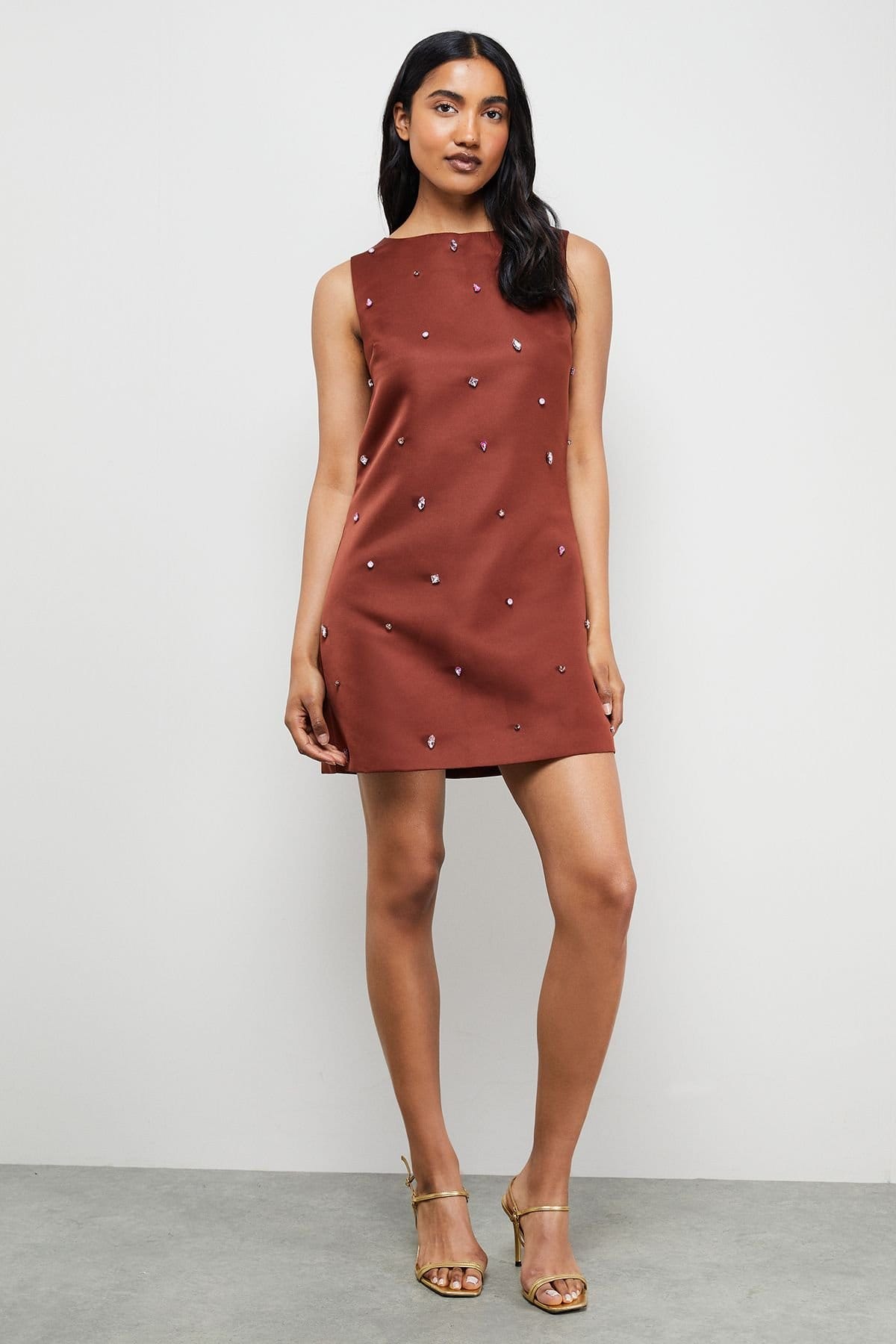 Warehouse Warehouse Women's Embellished Structured Sleeveless Sequin Mini Dress in Brown - 4