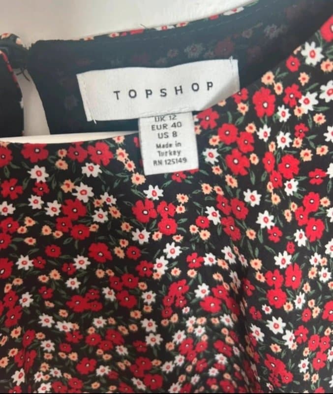 Topshop 🖤 Topshop Vintage Y2K Black Red Floral Mini Dress Open Back Long Sleeve UK 12 🖤