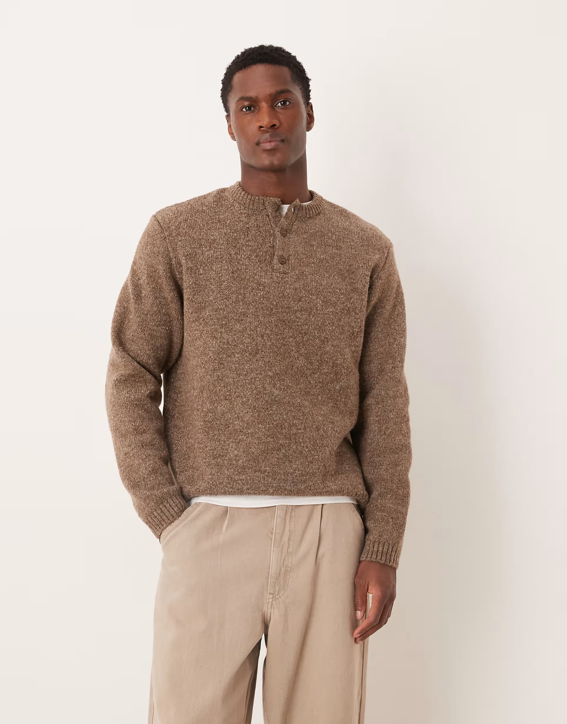 ASOS ASOS DESIGN relaxed knitted henley neck jumper in brown