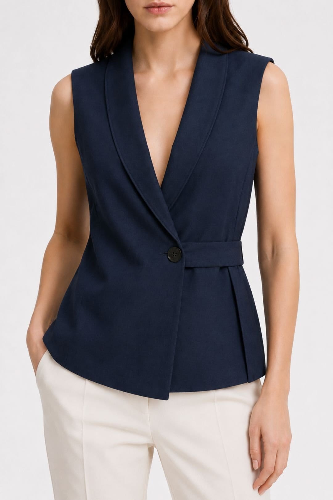 MixRay MixRay Women's Belted Cotton-linen Waistcoat in Navy - 4