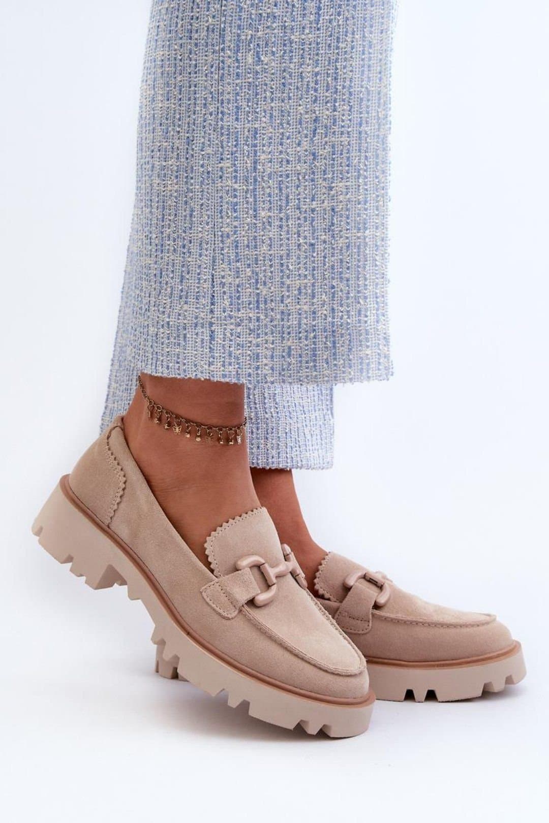 Love Lace Love Lace Beige Suede Loafers with Decorative Front