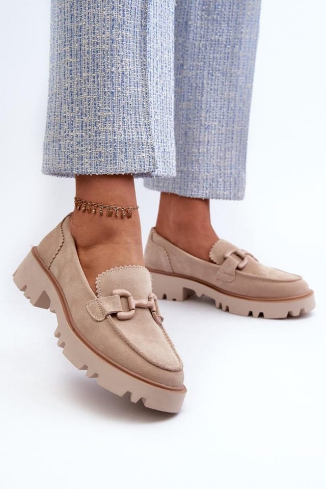 Love Lace Love Lace Women's Natural Suede Loafers with Decorative Front Flat Heel Slip On in Beige - 2