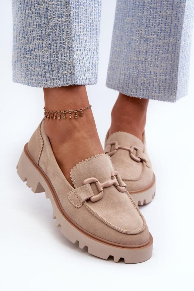 Love Lace Love Lace Women's Natural Suede Loafers with Decorative Front Flat Heel Slip On in Beige - 3