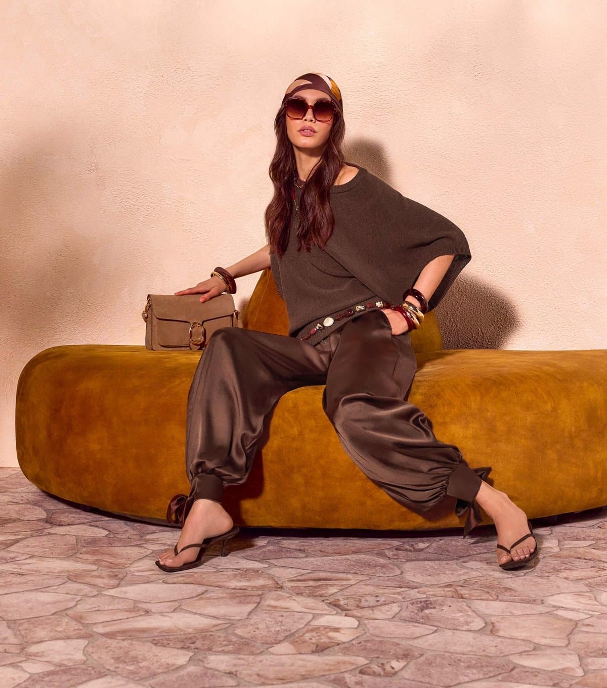 New Look Women's Dark Brown Tie Cuff Satin Trousers New Look