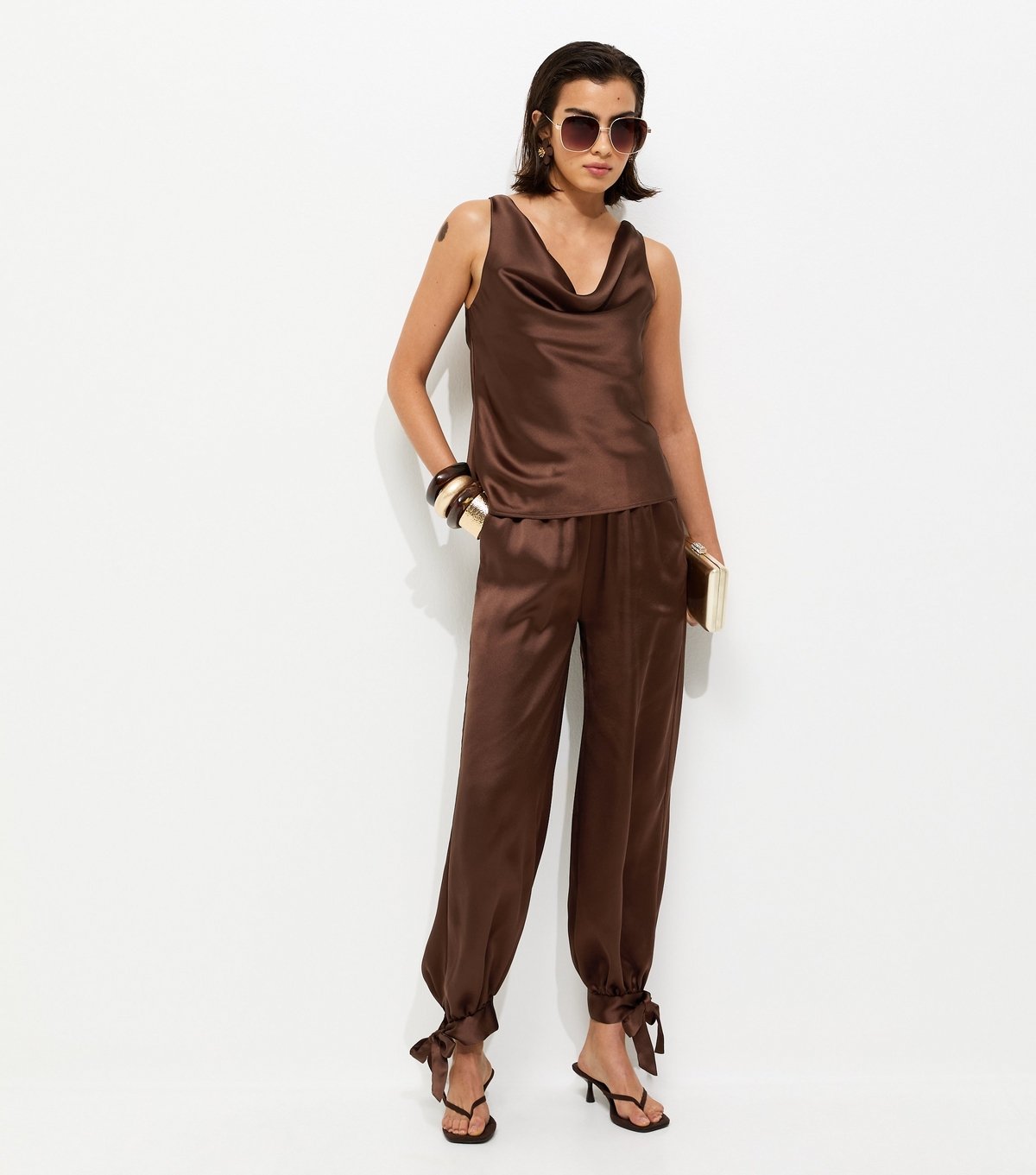 New Look Women's Dark Brown Tie Cuff Satin Trousers New Look - 2