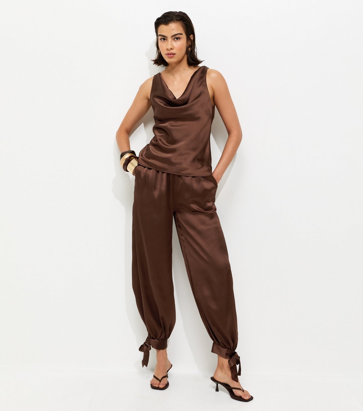 New Look Women's Dark Brown Tie Cuff Satin Trousers New Look - 3