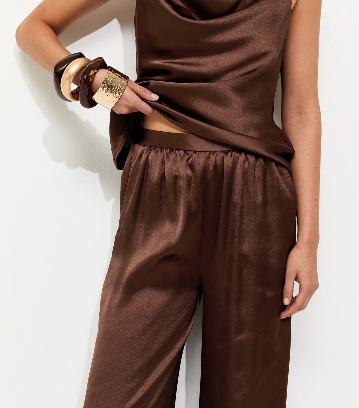 New Look Women's Dark Brown Tie Cuff Satin Trousers New Look - 4