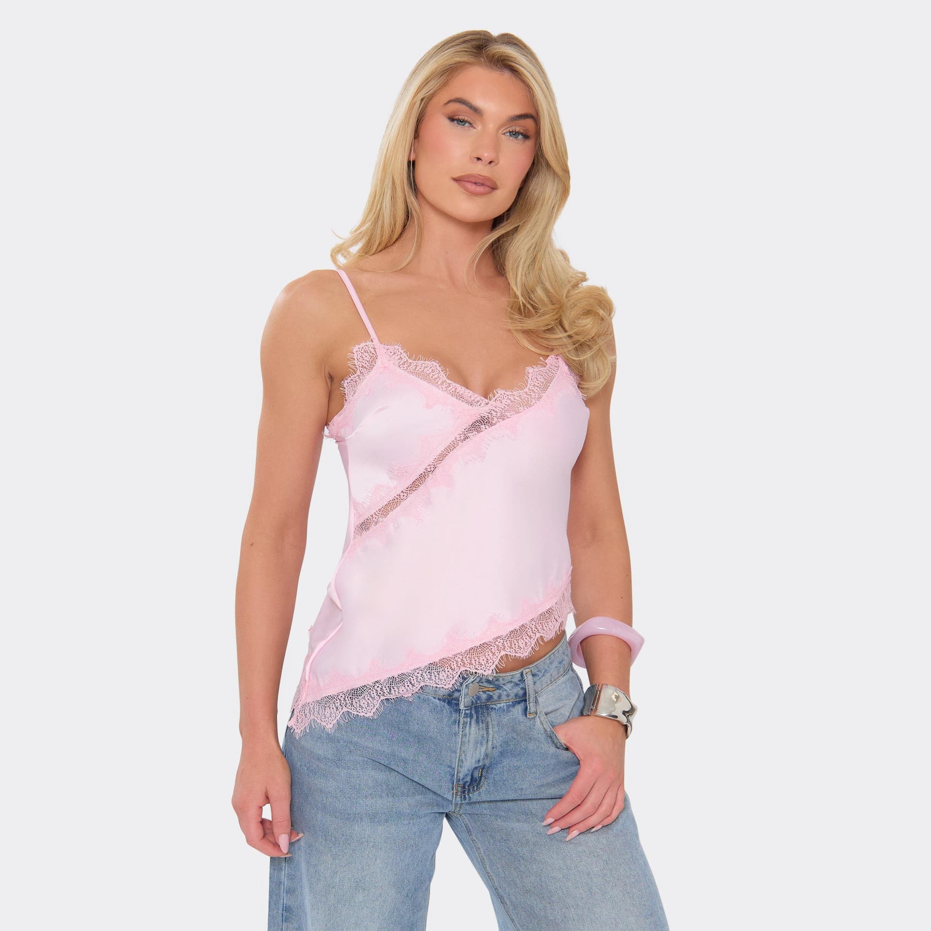 EGO Strappy Asymmetric Hem Lace Detail Cami Top In Baby Pink Satin, Women's Size UK 6
