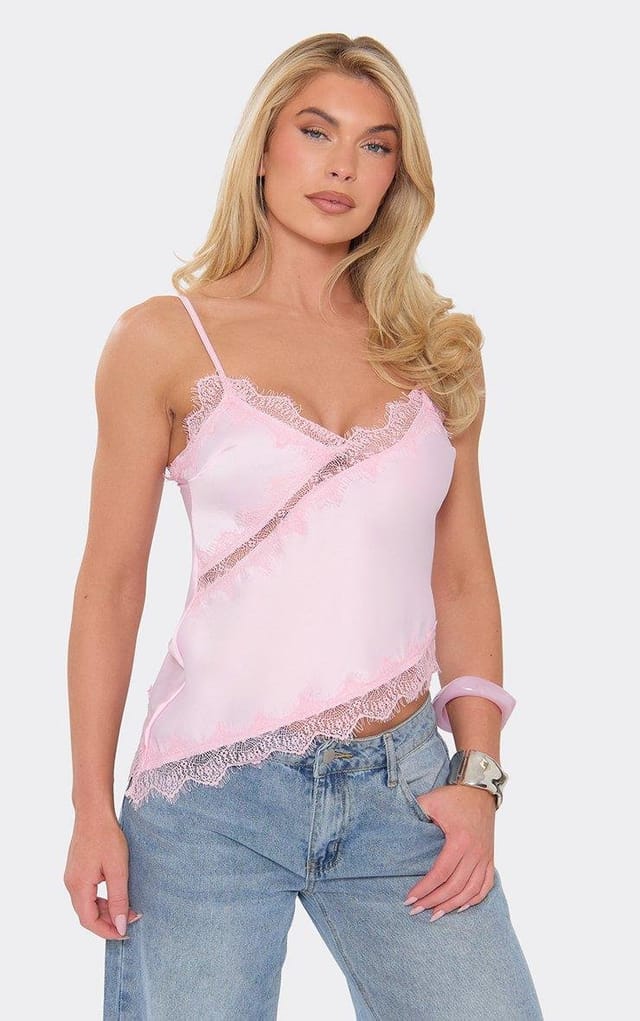 EGO Strappy Asymmetric Hem Lace Detail Cami Top In Baby Pink Satin, Women's Size UK 6 - 2