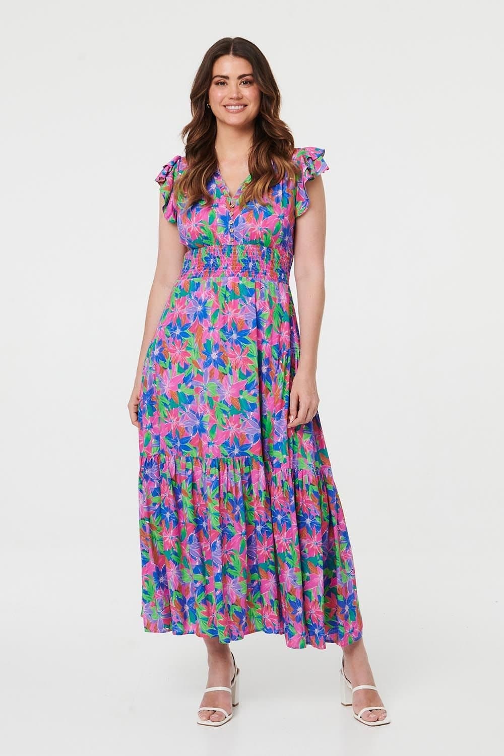Izabel London Izabel London Women's Floral Shirred Cap Sleeve Maxi Dress in Blue