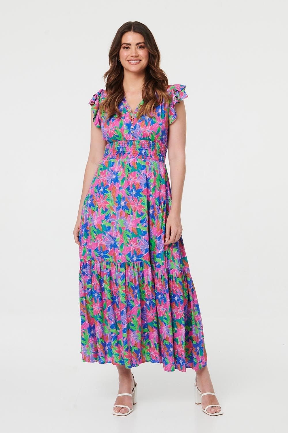 Izabel London Women's Floral Shirred Cap Sleeve Maxi Dress in Blue