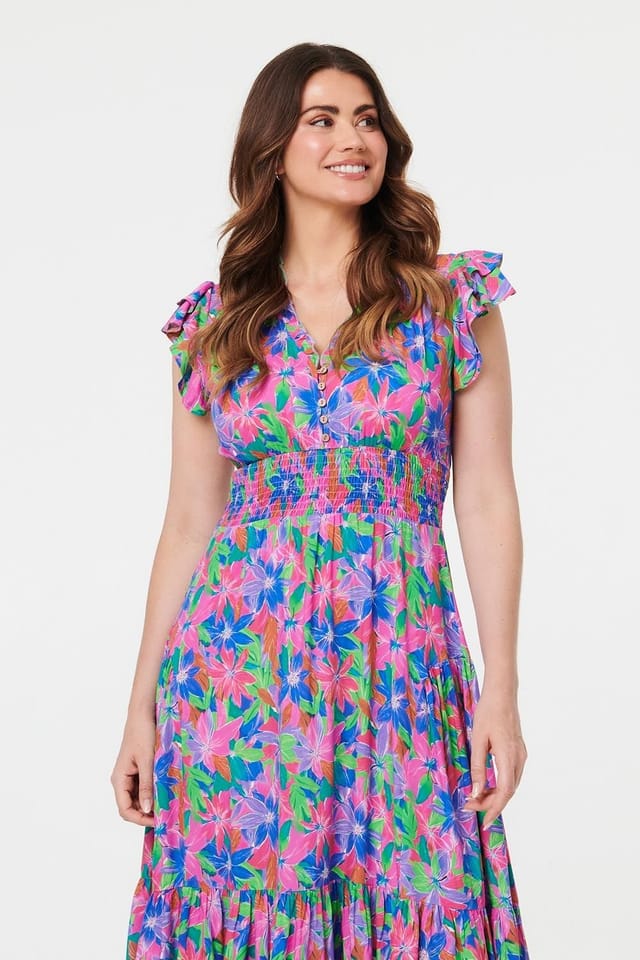 Izabel London Izabel London Women's Floral Shirred Cap Sleeve Maxi Dress in Blue - 2