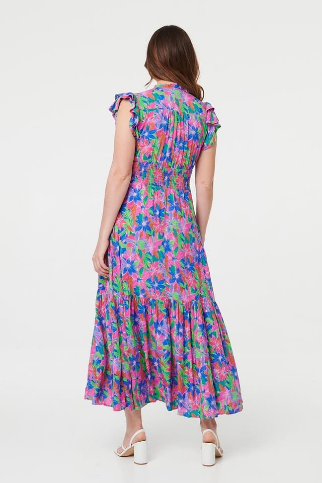 Izabel London Izabel London Women's Floral Shirred Cap Sleeve Maxi Dress in Blue - 3