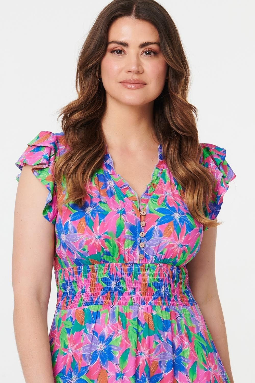 Izabel London Izabel London Women's Floral Shirred Cap Sleeve Maxi Dress in Blue - 4