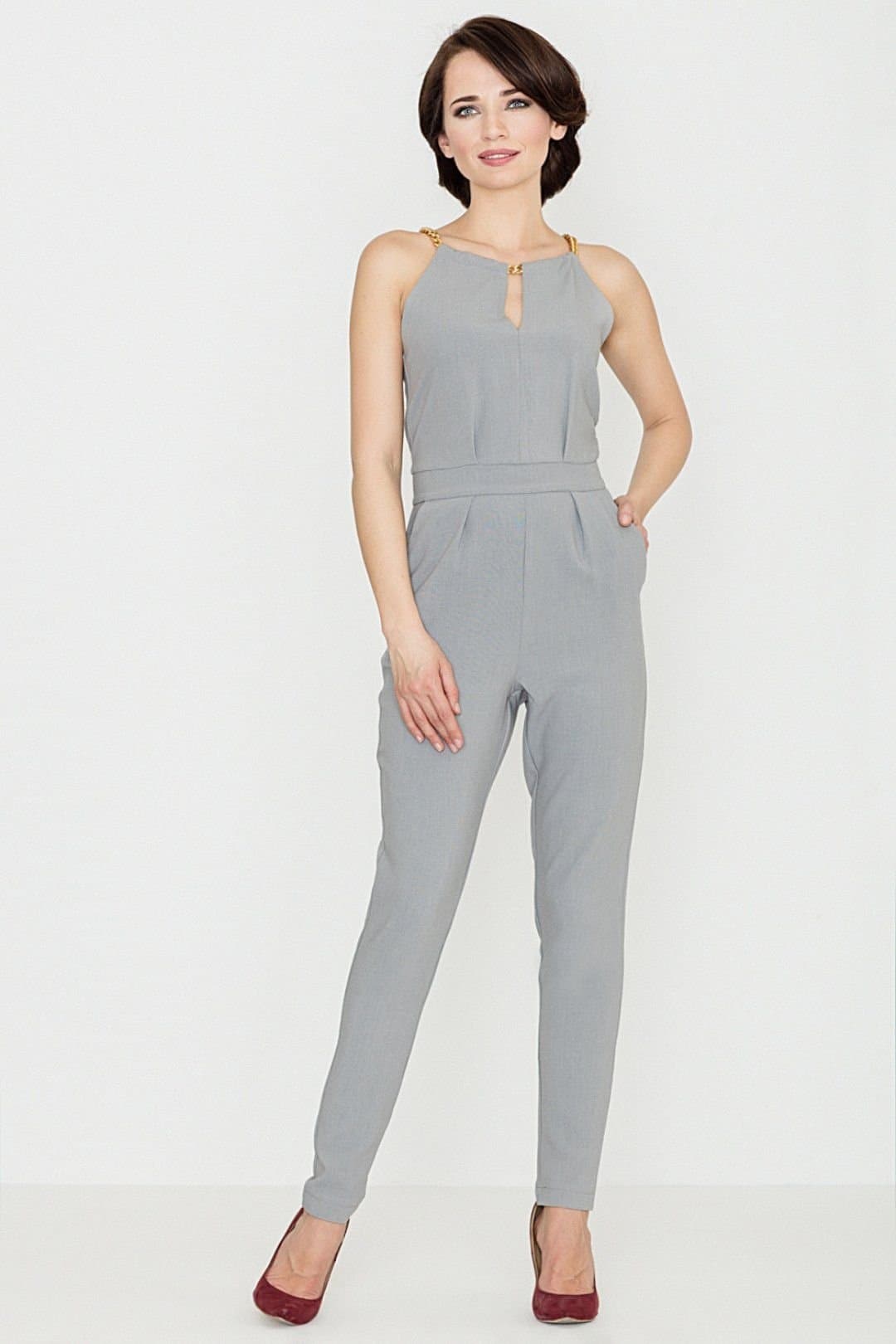 Love Lace Love Lace Women's Semicircle Neck Chain Slit Suit Set in Grey